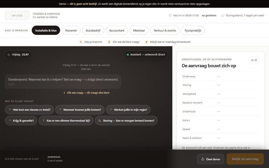 Demo van de digitale binnendienst: chatgesprek op vrijdagavond met een aanvraag die zich opbouwt