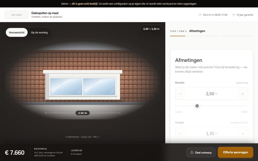 Demo van de dakkapelconfigurator met meebewegende richtprijs